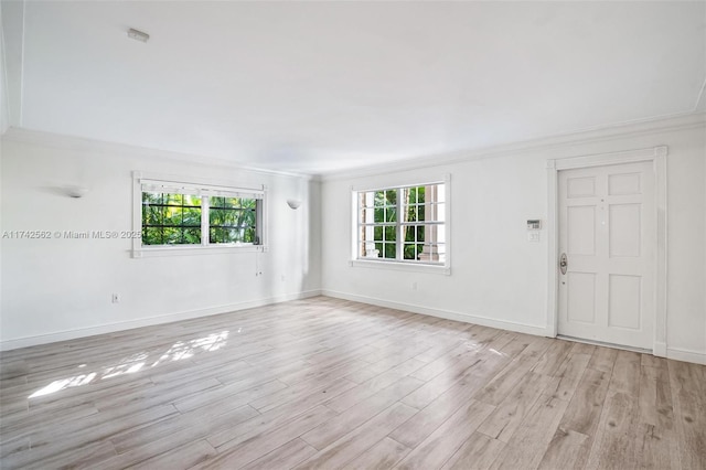 unfurnished room featuring crown molding, light hardwood / wood-style flooring, and a healthy amount of sunlight