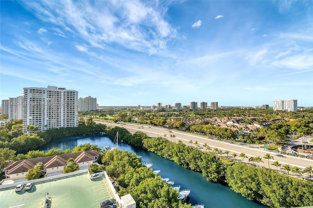 bird's eye view with a water view