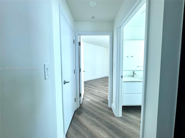 corridor with dark hardwood / wood-style floors and sink