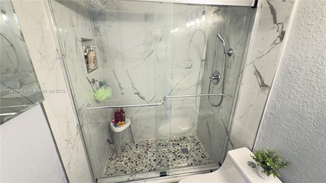 bathroom with toilet and a marble finish shower