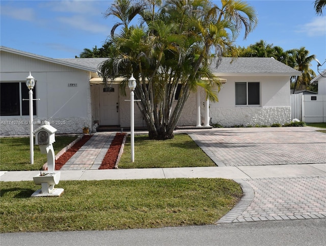 view of front of property featuring a front lawn, decorative driveway, and stucco siding