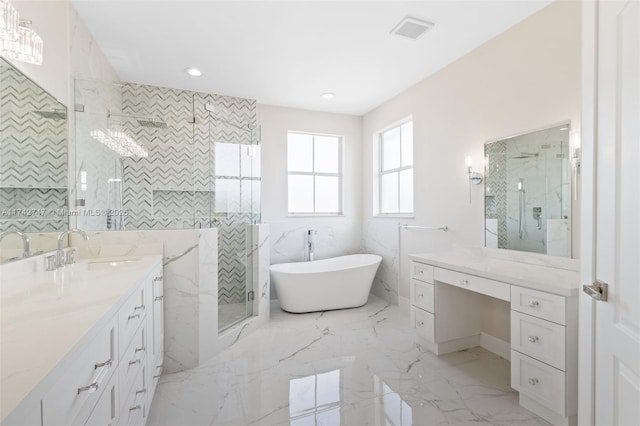 bathroom with vanity, separate shower and tub, and tile walls