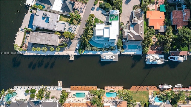 drone / aerial view featuring a water view