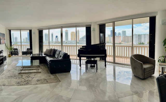 living room with floor to ceiling windows