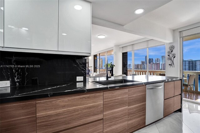 kitchen featuring dark stone counters, dishwasher, sink, and decorative backsplash