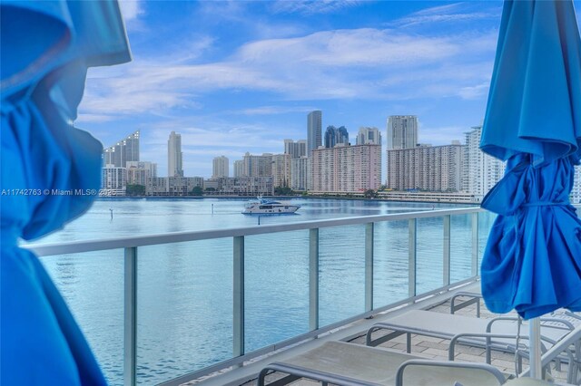 view of swimming pool with a water view