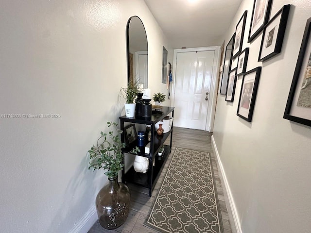 corridor with dark hardwood / wood-style flooring