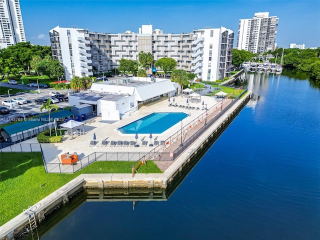 drone / aerial view with a water view