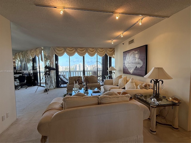 carpeted living room with a textured ceiling