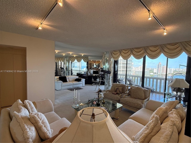 carpeted living room with a textured ceiling