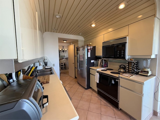 kitchen featuring white cabinetry, light tile patterned floors, electric range, wood ceiling, and stainless steel refrigerator with ice dispenser