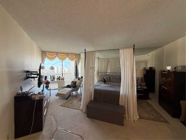 carpeted bedroom with access to exterior and a textured ceiling