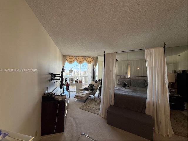 carpeted bedroom featuring access to outside and a textured ceiling