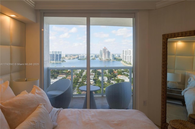 bedroom with a water view and crown molding