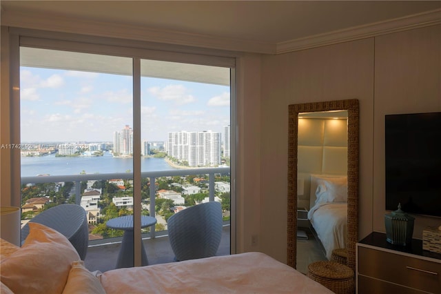 bedroom with ornamental molding and a water view