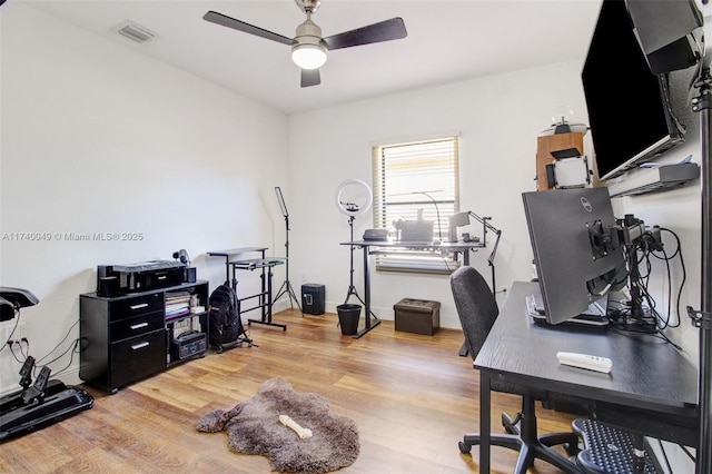 office area with ceiling fan and light hardwood / wood-style flooring