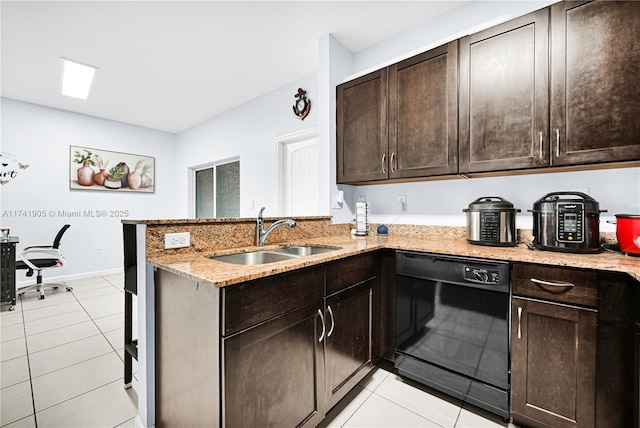 kitchen featuring light tile patterned flooring, dishwasher, sink, kitchen peninsula, and dark brown cabinets