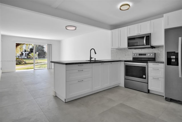 kitchen featuring appliances with stainless steel finishes, white cabinetry, sink, backsplash, and kitchen peninsula