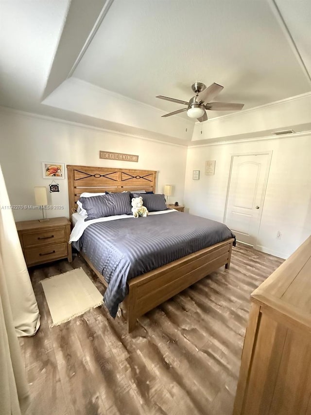 bedroom with hardwood / wood-style floors, a raised ceiling, and ceiling fan