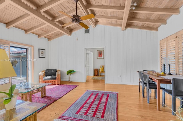 living room featuring ceiling fan, wooden ceiling, lofted ceiling with beams, and light wood-type flooring