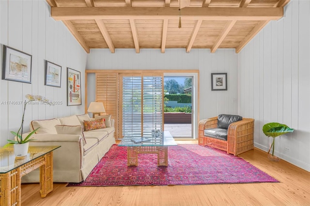 living room with wood-type flooring, wooden ceiling, and beamed ceiling