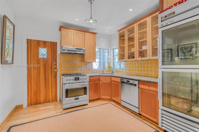 kitchen with pendant lighting, sink, light hardwood / wood-style flooring, appliances with stainless steel finishes, and backsplash