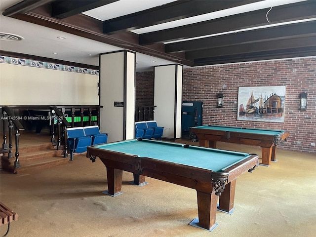 recreation room with brick wall, billiards, visible vents, beam ceiling, and carpet