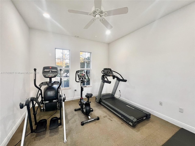 6411 Osprey Landing St, Davie, FL 33314 - workout room featuring baseboards, carpet, a ceiling fan, and recessed lighting