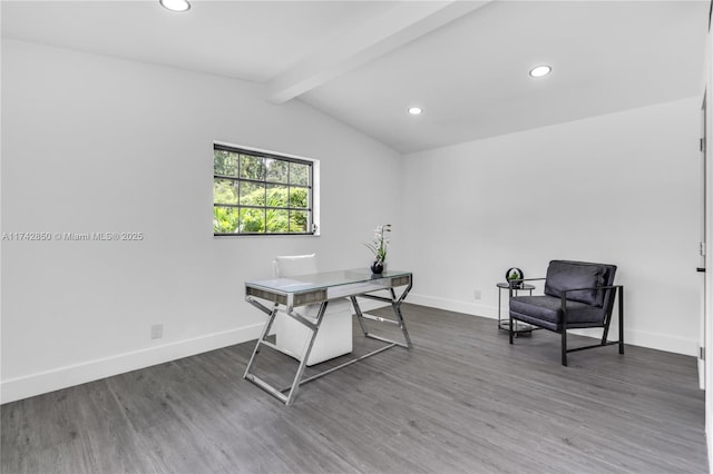 office with dark wood-type flooring and lofted ceiling with beams