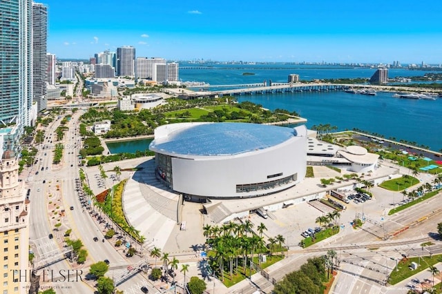 birds eye view of property featuring a water view