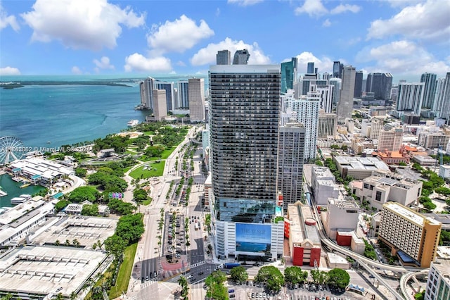 drone / aerial view with a water view