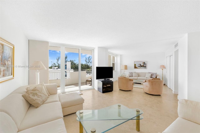 living room with a textured ceiling