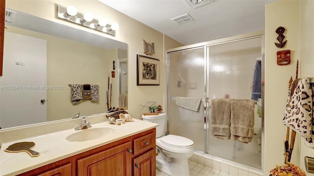 full bath featuring visible vents, vanity, toilet, and a shower stall