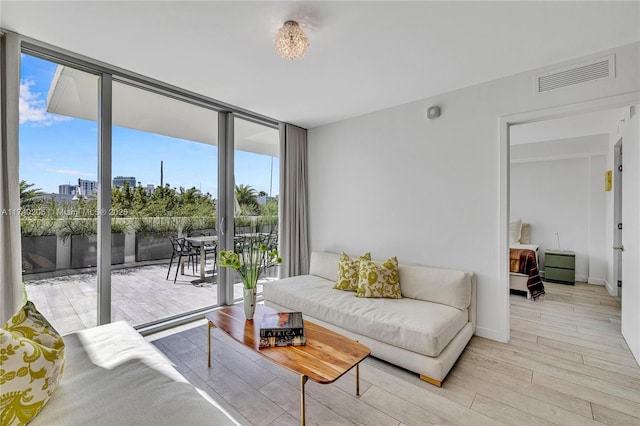 living room featuring expansive windows, a wealth of natural light, and light wood-type flooring