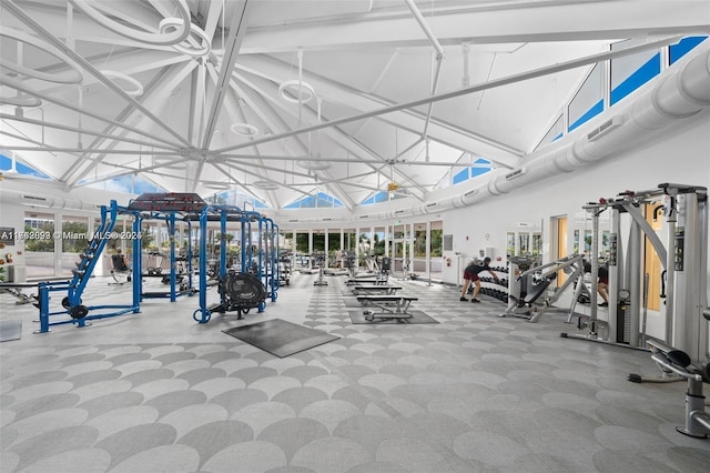 workout area featuring lofted ceiling