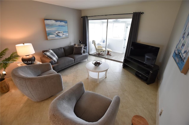 living room with light tile patterned flooring