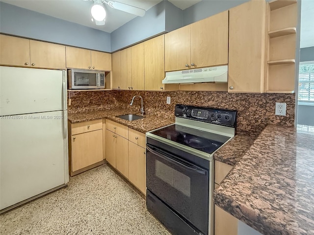 kitchen featuring sink, light brown cabinetry, black range with electric cooktop, and white fridge