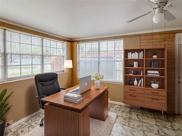 office space featuring crown molding and ceiling fan