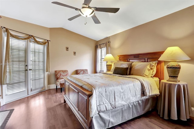 bedroom with lofted ceiling, dark wood-type flooring, access to outside, and ceiling fan