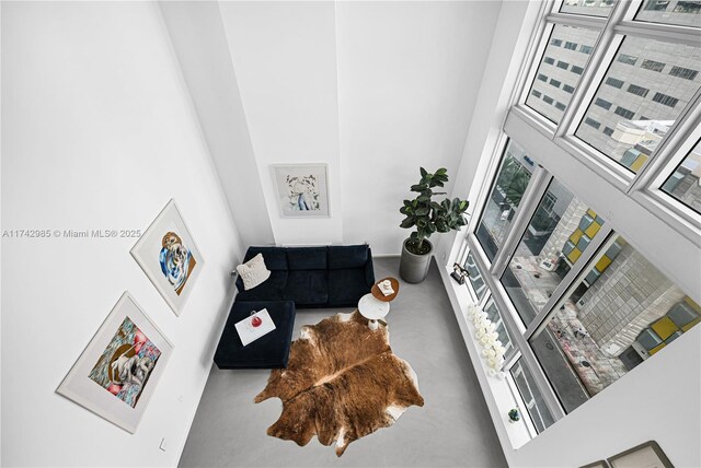 living room with concrete floors and a high ceiling