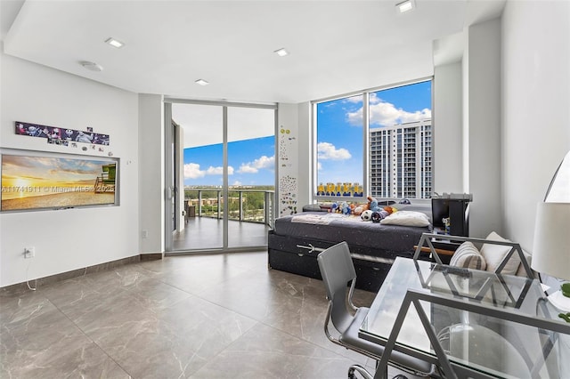 home office with floor to ceiling windows