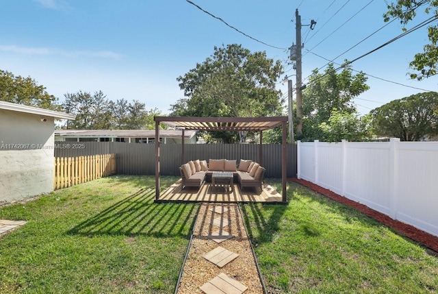 view of yard featuring a pergola and an outdoor hangout area