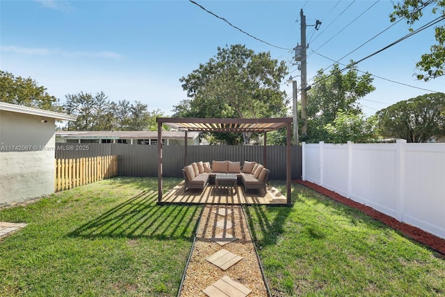 view of yard featuring outdoor lounge area and a pergola