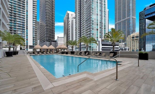 view of pool featuring a patio