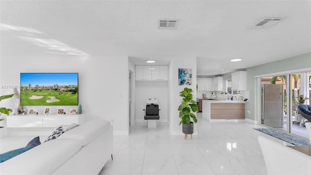 living room featuring sink and a textured ceiling