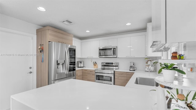 kitchen with kitchen peninsula, white cabinets, and appliances with stainless steel finishes