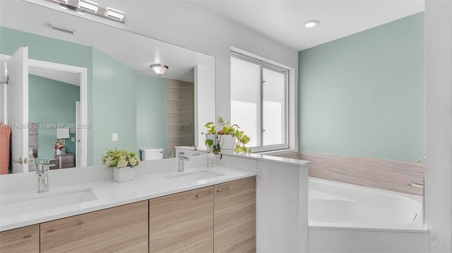 bathroom with vanity and a tub to relax in