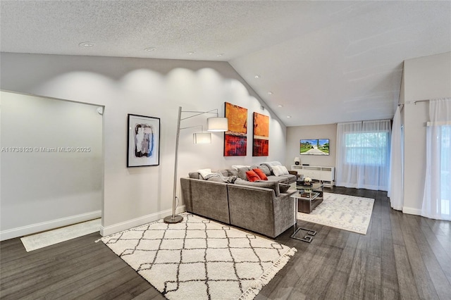 living room with lofted ceiling, hardwood / wood-style floors, and a textured ceiling