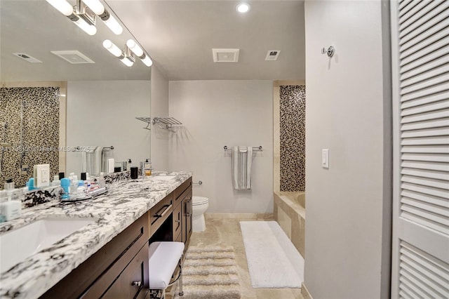 full bathroom with independent shower and bath, vanity, and toilet