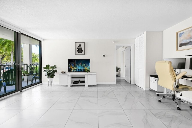 home office featuring a wall of windows and a textured ceiling